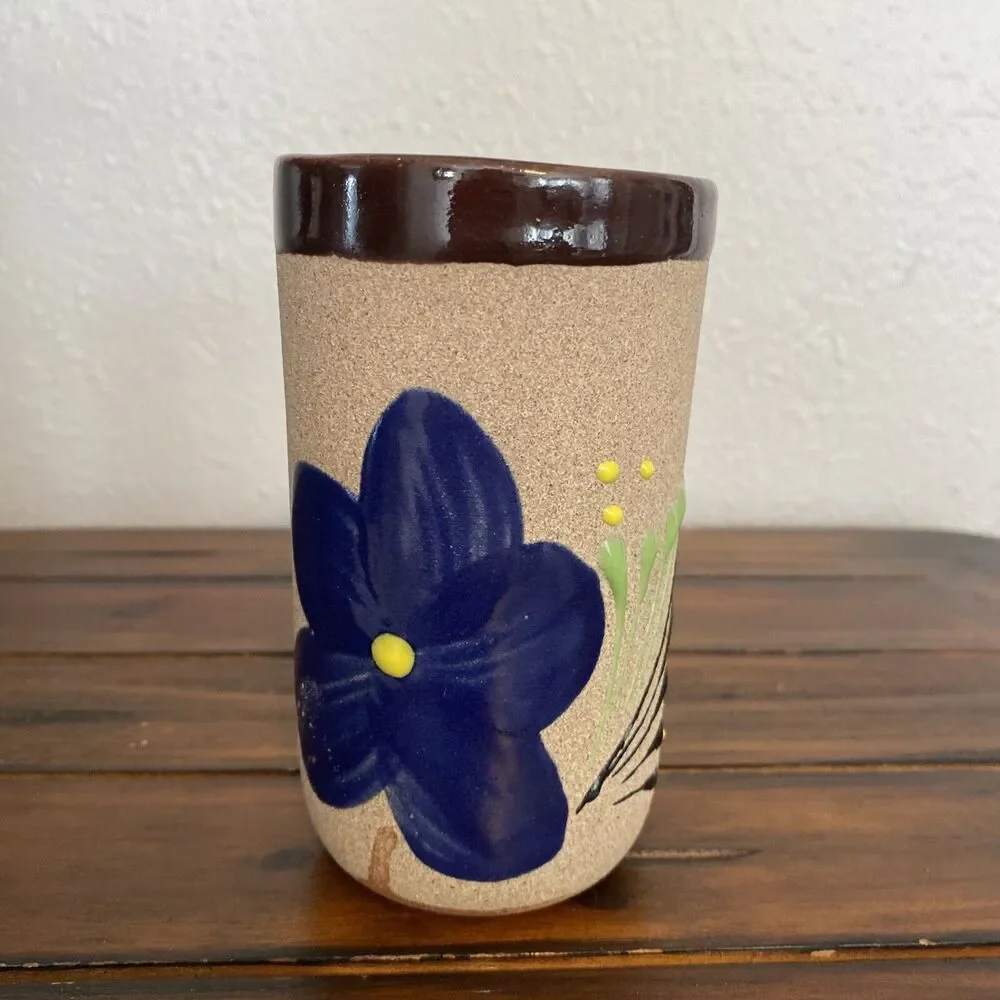 Vintage Mexican Art Pottery Stoneware Vase Hand Painted Floral Flowers 5”